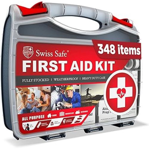 Swiss Safe 2-in-1 First Aid Kit for Car, Travel & Home, Businesses - Bonus Mini Kit for Medical Emergency Aid, Survival, Camping - FSA & HSA Eligible - 348 Pcs, Large Hardcase FAK