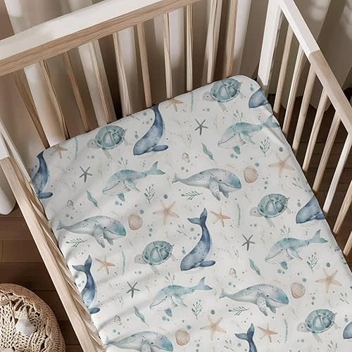 Ocean Whale Sea Turtle Starfish Pattern Baby Crib Sheets, Unisex Sea Animals Theme Nursery Fitted Bed Sheet for Boys Girls Standard Crib and Toddler Mattress-28x52