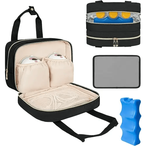 Breastmilk Cooler Travel Bag, Wearable Breast Pump Storage Bag Compatible with Momcozy/Medela/Elvie/Willow Breast Pump with Ice Pack and Waterproof Mat,Black