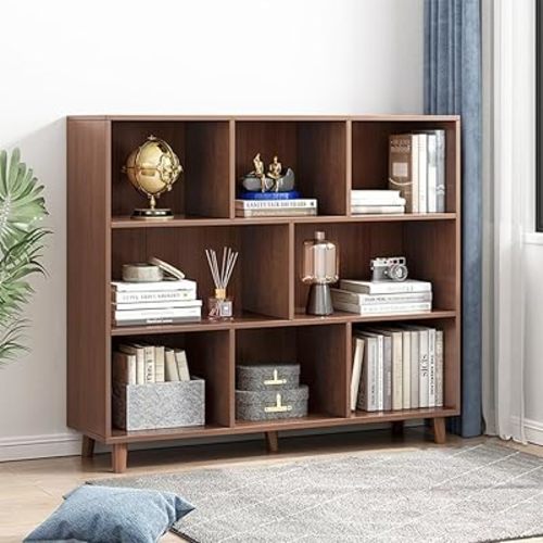 IOTXY 3-Tier Open Cube Freestanding Low Bookcase 8-Cubes Walnut