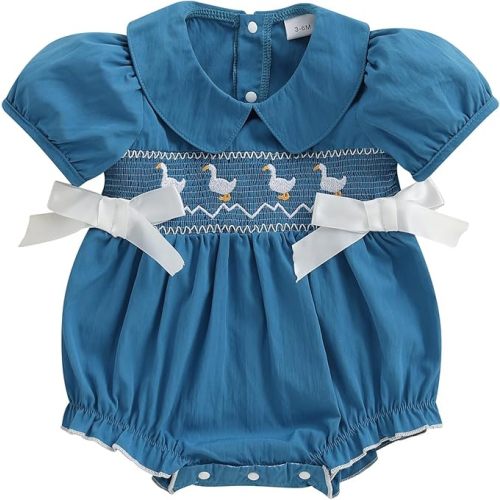 Baby Girl Summer Clothes Cute Embroidery Short Sleeve Smocked Romper 6-9 months