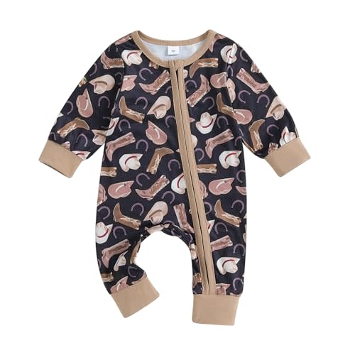 SAYOO Western Baby Cowboy Clothes Neutral Zipped Fall Romper Outfit for Boy Girl Infant Lapel Cow Print One-piece Jumpsuit