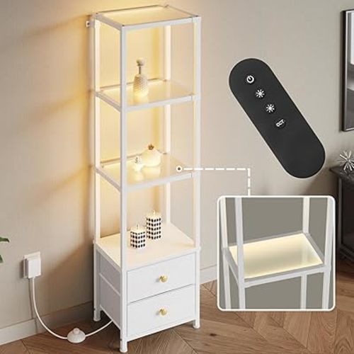 Glass Book Shelf with Dimmable Lights, 58.3"H Tall Bookcase with 2 Drawers, 4-Tier Led Display Shelf with Remote for Books, Decor, Collections, Display Cabinet for Living Room, Bedroom, White