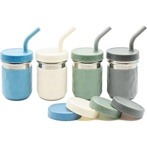 WeeSprout 2-in-1 Drinking Cups for Kids, Durable Stainless Steel Tumbler for Smoothies, Silicone Straws with Stoppers, Premium Plastic Twist Lids, Easy-Grip Sleeves, Set of 4 Dishwasher Safe Kid Cups