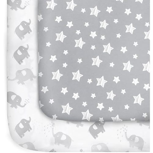 Pack and Play Sheets 2 Pack, Stretchy Pack n Play Playard Fitted Sheet, Compatible with Graco Pack n Play, Soft and Breathable Material, Stars & Elephant