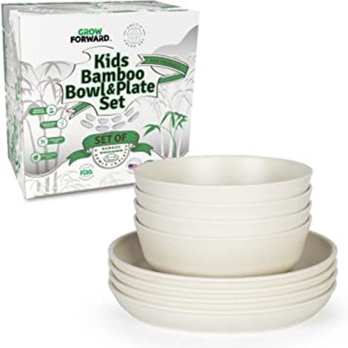 Grow Forward Bamboo Kids Plates and Bowls Set - 4 Bamboo Plates for Kids and 4 Bamboo Bowls for Kids - BPA Free & Dishwasher Safe - Eco Friendly and Reusable Childrens Dishes - Arctic