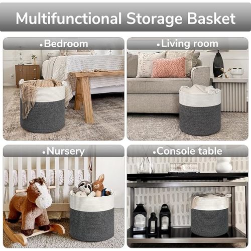 Goodpick Baby Storage Basket, Cotton Rope Laundry Basket for Blankets, Clothes 15 x 14.2 Inches, Nursery Woven Storage Organizing for Toys, Grey