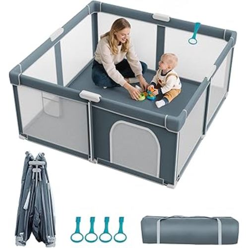 Foldable Baby Playpen - 50"×50" Collapsible Play Pen for Babies and Toddlers - Indoor Outdoor Play Pen with 4 Handles - Folding Baby Playpen with Carry Bag Portable Travel Play Yard