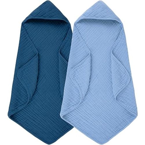 Hooded Baby Bath Towels 100% Muslin Cotton Baby Bath Towel for Infant, Toddler and Kids,Soft and Absorbent Newborn Essential,Large 32x32Inch 2 Pieces Gradient Blue
