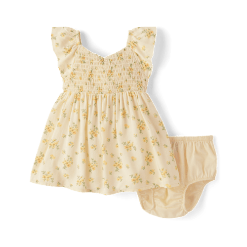 Baby Girls Floral Smocked Flutter Dress - Yellow