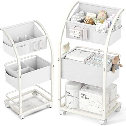VBABY Diaper Caddy Organizer Cart, 3 Tier Rolling Storage Cart with Wheels, Bedside Cart for Baby Essentials Supplies, Diaper Cart for Nursery, White