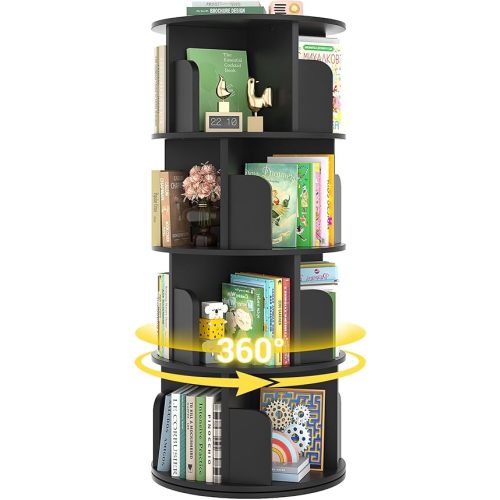 Rotating Bookshelf, Wood Corner Bookshelf, 360 Display Spinning Bookcase Storage Rack, 4 Tier Floor Standing Revolving Bookcase Narrow Book Shelf Organizer for Small Space, Bedroom, Black