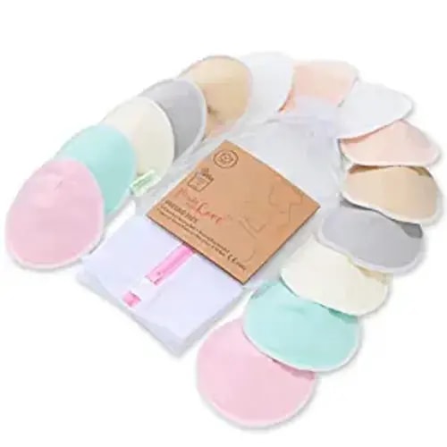 Organic Bamboo Nursing Breast Pads - 14 Washable Pads + Wash Bag - Breastfeeding Nipple Pads for Maternity - Reusable Breast Pads for Breastfeeding (Pastel Touch, Large 4.8")