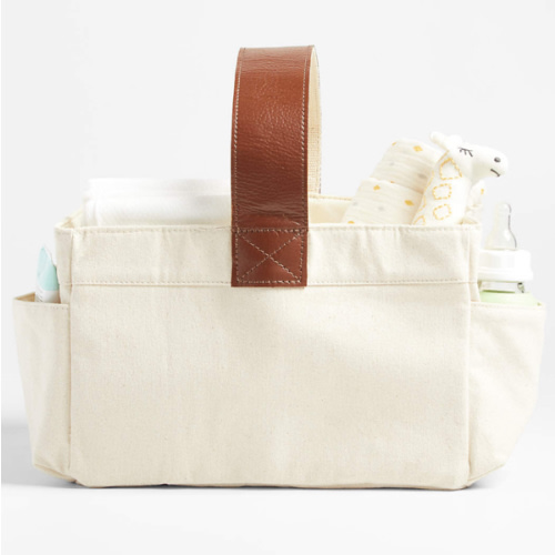 Canvas Diaper Caddy Organizer with Brown Leather Handle
