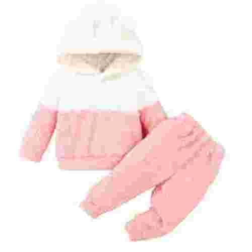 TAIAOJING Toddler Baby Girl Fall Clothes Set Girls' Autumn And Winter Plush Fuzzy Pick Long Sleeved Patchwork Top And Solid Colored Pants Two Piece Suit 3-6 Months
