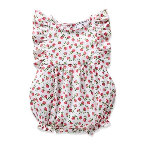 Rose Print Ruffle Twill Bubble Romper, 0-3M