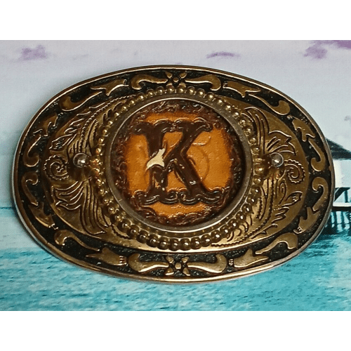 Vintage Western Belt Buckle with Leather Carved Initial "K" in the Center