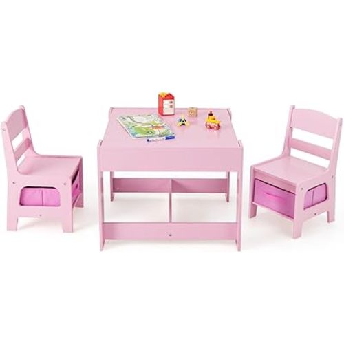 HONEY JOY Kids Table and Chairs, 3-in-1 Children Wooden Activity Set with Storage, Detachable Tabletop, for Art, Craft, Drawing, Reading, Gift for Toddlers Boys Girls 3-7 Years Old (Pink)