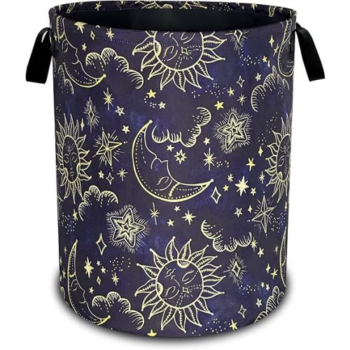 Celestial Sun Stars Moon Laundry Basket Oxford Cloth Funny Laundry Hamper With Handle Foldable Portable Clothes Storage Basket 18.9 X 16.5 In Storage Bag For Laundry Room/Bathroom/Bedroom/Dormitories