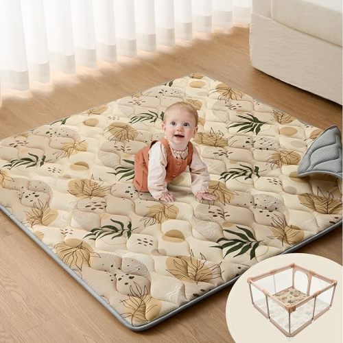 Blissful Diary Baby Play Mats for Floor, 50x50 Playpen Mat, Thicken Cushioning Padding Foam Playmate for Baby and Toddlers Infants, Non-Slip & Machine Washable Tummy Time Mat, Earth Tones Design - 50" X 50"