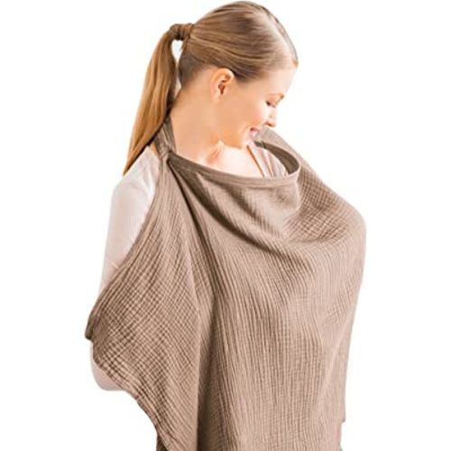 Konssy Muslin Nursing Cover for Baby Breastfeeding, Breathable 100% Cotton Breastfeeding Cover with Rigid Hoop for Mother Nursing Apron, Multi-use Carseat Canopy (Brown)