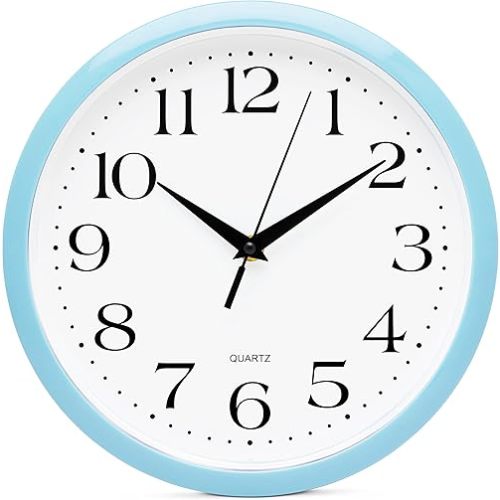 Bernhard Products Light Blue Wall Clock Silent Non Ticking - 10 Inch Quality Quartz Battery Operated Round Easy to Read Home/Kitchen/Office/Classroom/School Clock