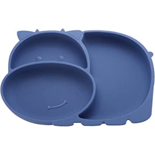 Silicone Baby Plates with Suction,Divided Placemat Dish for Toddlers and Kids,Baby First Stage Self Feeding Training Supplies (Hippo-Blue)