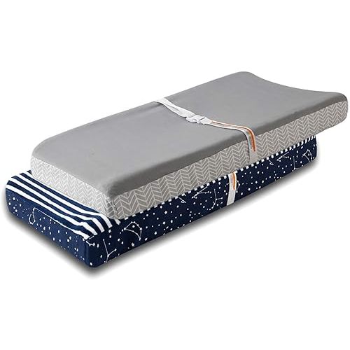 Changing Pad Cover 2 Pack, Comfort Fleece Changing Table Cover Boys Girls, Ultra Soft Breathable 32"/34''x16 Changing Pad Sheets - Blue Stars & Grey Stripe