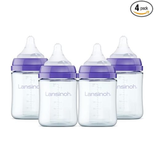 Lansinoh Anti-Colic Glass Baby Bottles, 5 Ounces, 4 Count, Includes 4 Extra Slow Flow Nipples (Size XS, Newborn), Baby Essentials