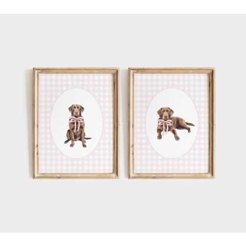 Chocolate Labrador Nursery Print Set, Watercolor Dog Decor, Baby Girl Nursery, Pink Bow Gingham Wall Print, Lab Wall Art, Puppy Nursery Art