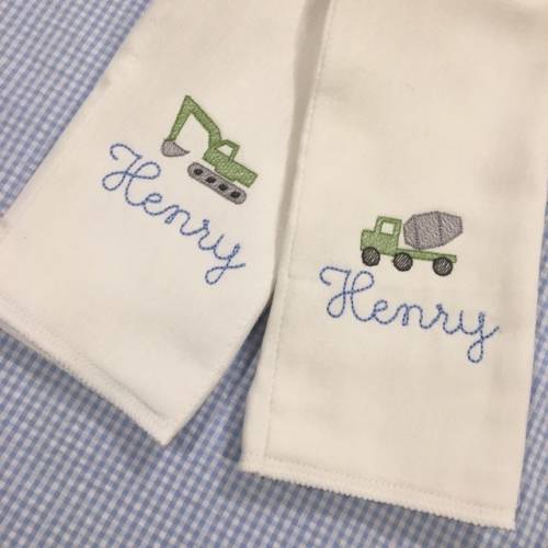 Monogrammed Construction Truck Mixer Shovel Name Burp Cloth or Bib