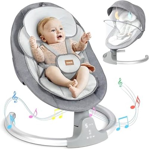 Baby Swings for Infants, Electric Baby Swing with Lullabies, Bluetooth, Remote Control, Infant Swing with 3 Seat Positions for Baby Boy Girl, Portable Baby Swing, Grey
