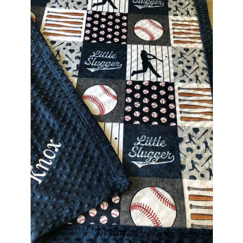 Baseball baby blanket, sports, Little slugger, ball game, baby boy, designer minky, toddler nursery, new baby gift, baby blue personalized