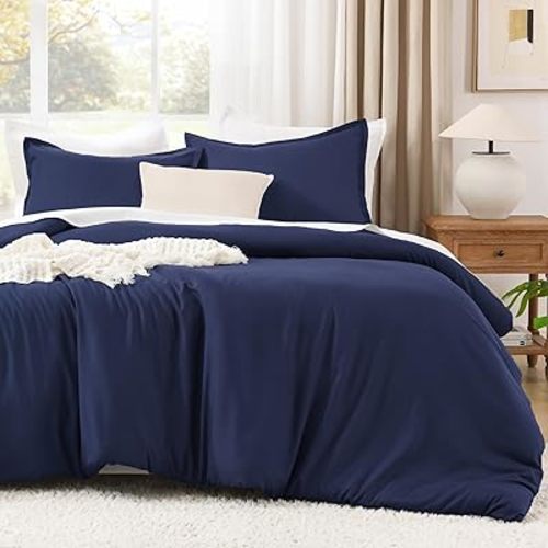 Litanika Navy Blue Comforter Set Full Size, 3 Pieces Boys Men Lightweight Solid Bedding Comforter Set, All Season Fluffy Down Alternative Bed Set (79x90In Comforter & 2 Pillowcases)