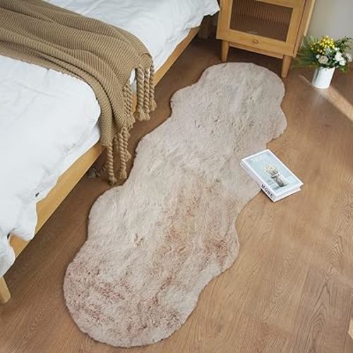 Ghouse Soft Faux Sheepskin Fur Rug 2x6 Light Brown Beige Fluffy Bedside Rugs Plush Rug Shag Nursery Carpet Area Rugs for Living Room Bedroom Playing Room Decor