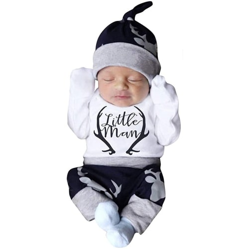 Izhansean 3PCS Newborn Baby Boy Long Sleeve Little Man Romper Deer Pants Warm Clothes Set White 0-3 Months