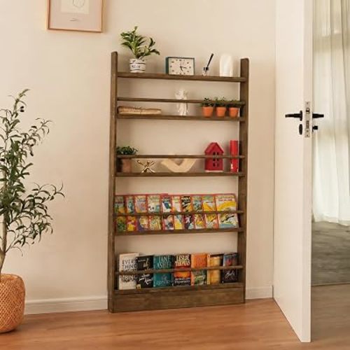 Baveke 5 Tier Behind The Door Bookshelf & Montessori Book Shelf, Wall Mount Shelves for Bedroom, Space- Saving Bookcase, Solid Wood Bookshelf for Living Room, Brown（FSC-Certified Wood）