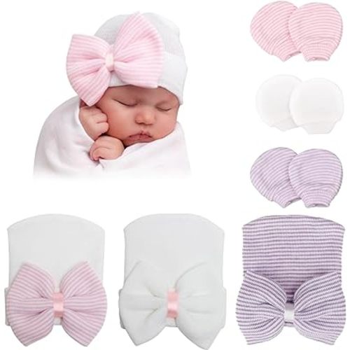 DRESHOW BQUBO Newborn Hospital Hat and Mittens Infant Baby Beanie Soft Cotton Cute Knot Nursery Cap for 0-6 Months Girls Boys