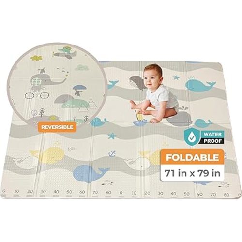 Extra-Large Baby Play Mat, Waterproof Foam, Non-Toxic & Foldable, for Tummy Time, Crawling & Toddler Play, Indoor & Outdoor Use, 79"x71", Whales Design
