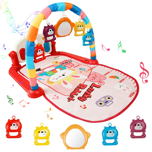 Baby Play Mat,Baby Gym Funny Play Piano Tummy Time Baby Activity Gym Mat with 5 Infant Learning Sensory Baby Toys,Music and Lights Boy & Girl Gifts for Newborn Baby 0 to 3 6 9 12 Months,Red