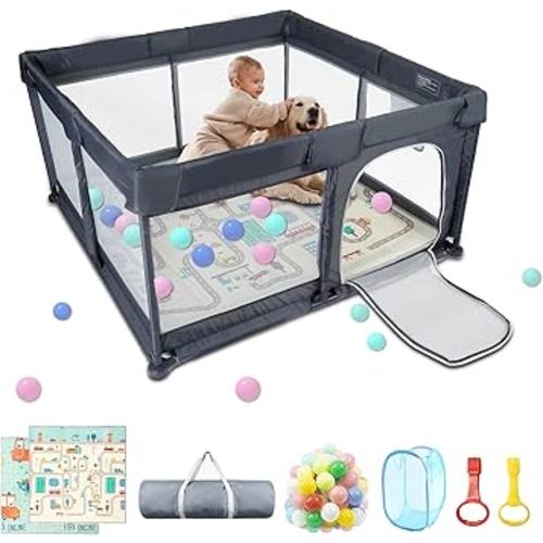 Baby Playpen 71" x 59, Baby Playpen Play Pens for Babies and Toddlers Baby Fence for Indoor & Outdoor, Sturdy Safety Play Yard with Soft Breathable Mesh, Anti-Fall - Grey