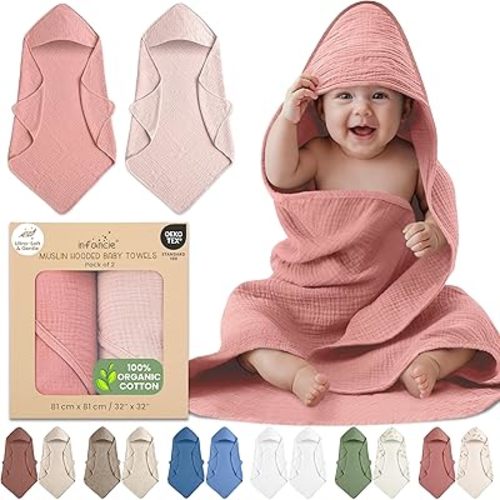 100% Organic Cotton Muslin Baby Hooded Towels 32x32 Inch – 2 Pack Soft & Absorbent Baby Towels for Newborn for Boys & Girls, Premium Hooded Towels, Ultra-Gentle Baby Essentials in Rose/Peach