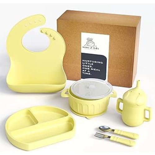 mimi & kiki Silicone Baby Feeding Set with Plate, Bowl, and Utensils, Baby Led Weaning Supplies, BPA-Free, Easy to Clean, Durable, for Ages 6 Months and Up (Yellow)