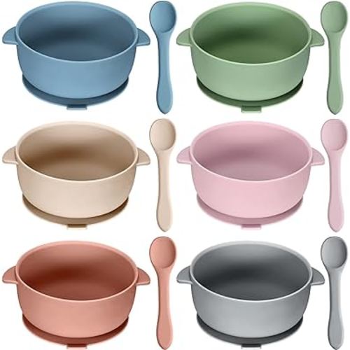 Pinkunn 6 Set Baby Silicone Suction Bowls with Spoons BPA Free Baby Led Weaning Food Bowl Food Grade Toddler Food Storage Bowl Dishwasher Microwave Safe Feeding Set (Cute Color)