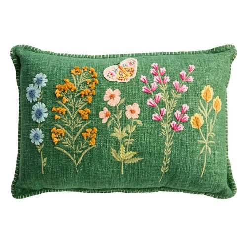 Green Easter Floral Embroidered Slub-Textured Throw Pillow, 14x20