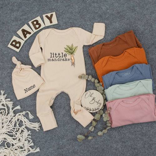 Custom Set Bodysuit And Hat, Little Mandrake Outfit, Cute Kid Newborn, New Aunt Gift, Personalized Baby Romper, Boho Clothes, Gift for girl