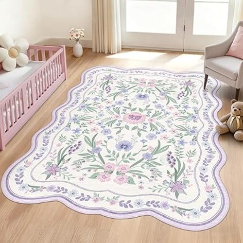 Scalloped Floral Rug 5x7, Purple Lavender Washable Non Slip Area Rug for Girls Bedroom, Soft Low Pile Cottagecore Carpet for Nursery, Dorm, Kids Room, or College Bedroom