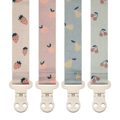 Baby Pacifier Clip Holder - Girl or Boy Unisex 4 Pack Gift Set – Summer Peaches Strawberies Cherries Pears (Fruits)