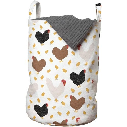 Ambesonne Hen and Chicks Laundry Bag, Farm Themed Continuous Pattern with Cartoon Domestic Birds and, Hamper Basket with Handles Drawstring Closure for Laundromats, 13" x 19", Black Brown