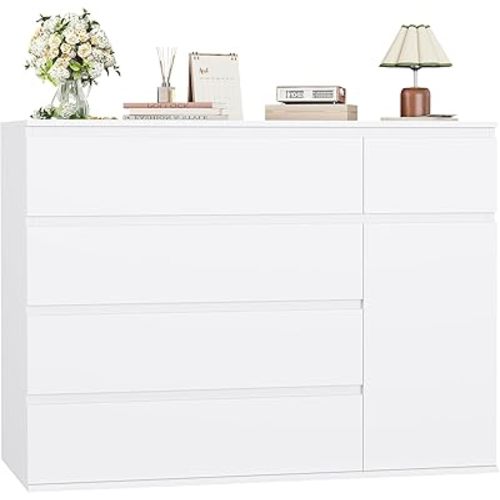 FOTOSOK White Dresser with 19.5'' Deeper Depth, White Chest of Drawers Modern Dresser for TV Stand, Nursery Dresser Wide Storage Chests of Drawer with Door, Deep Drawers and Wide Storage Space